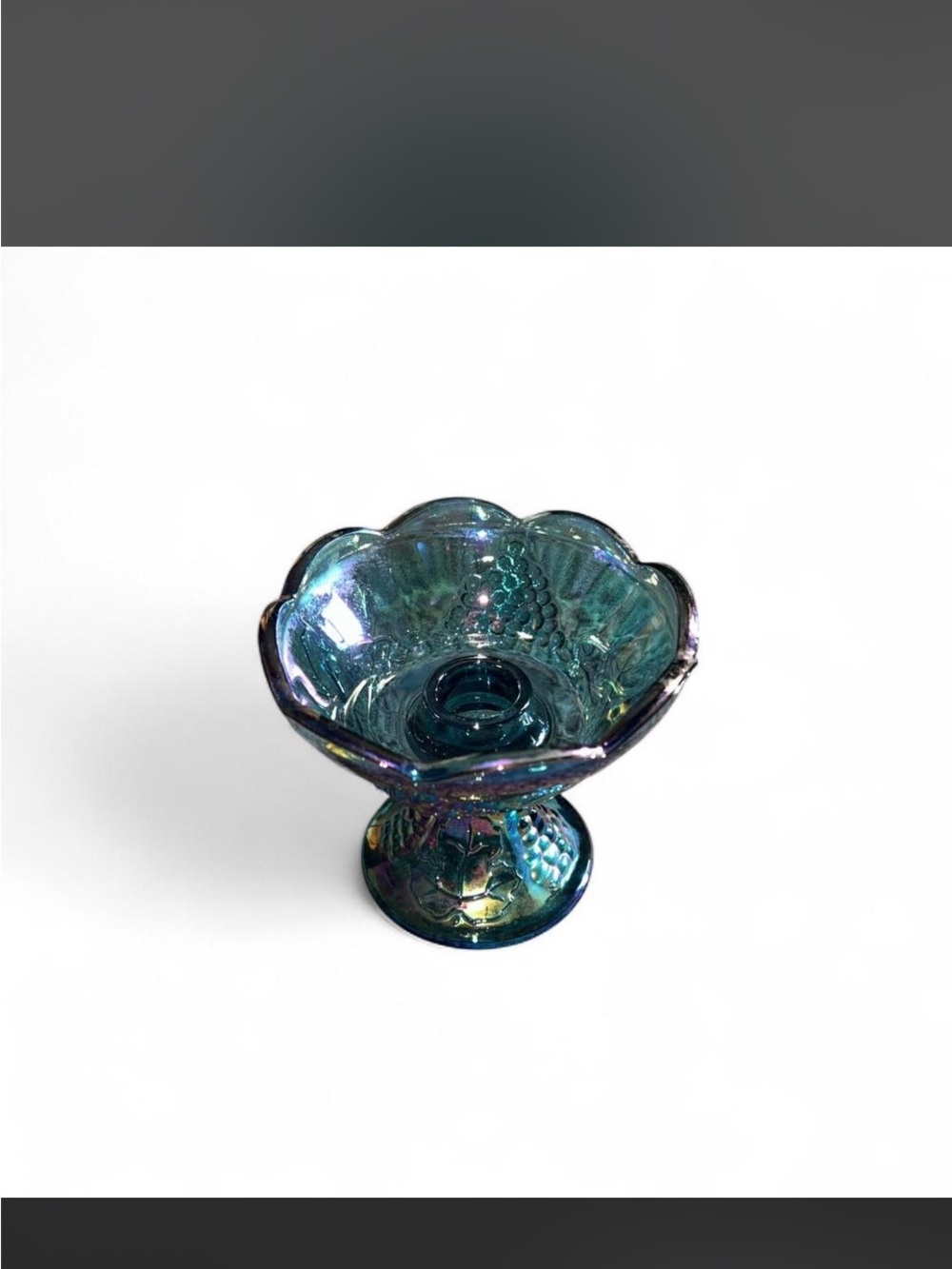 Carnival Iridescent Teal Glass Pedestal Candle Holder- Decorative Home Art